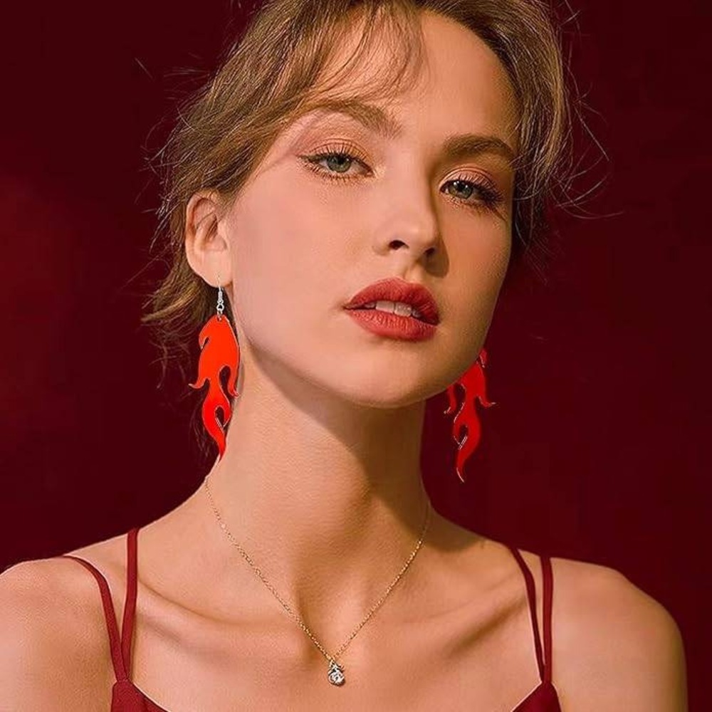 Red Acrylic Flame Drop Earrings Y2K Edgy Fire Statement Jewelry NEW